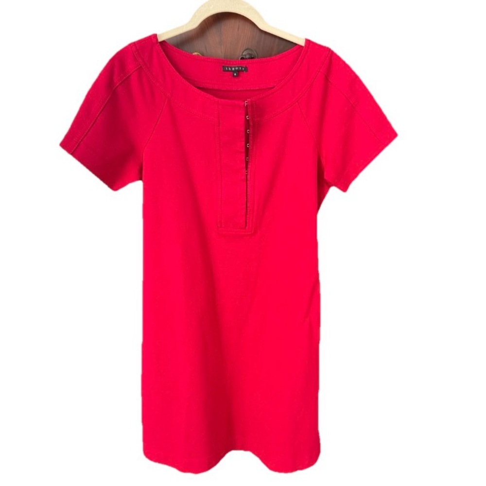 Theory Women's Red Short Sleeve Stretch Mini Dress Sz M Hook & Eye Front